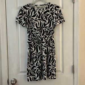 LOFT Black White Fern Print Cotton Slub Jersey Draped Mini Tee Dress EUC SP